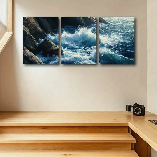 3pcs Dramatic Blue Sea Waves with Rocks Metal Print Ready to Hang Art