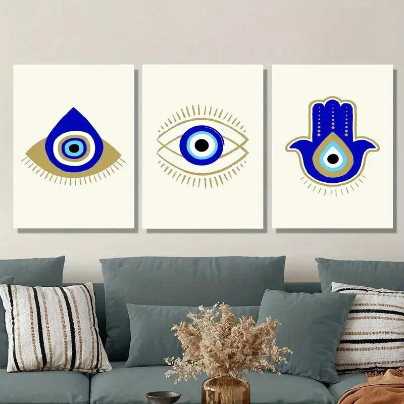 3pcs Teardrop &amp; Hand Shaped Greek Eye, Metal Print Ready to Hang Art