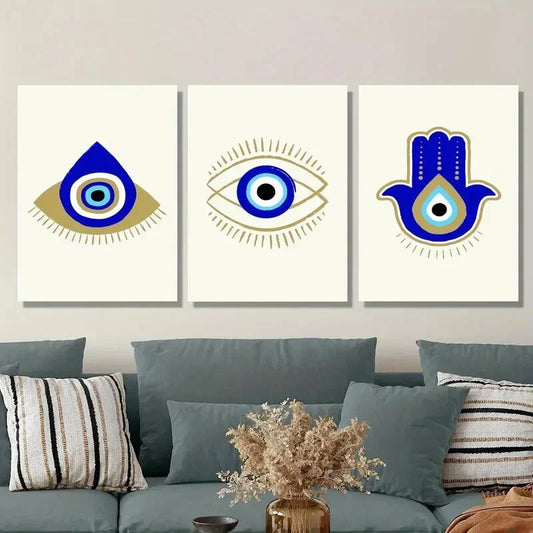 3pcs Teardrop &amp; Hand Shaped Greek Eye, Metal Print Ready to Hang Art