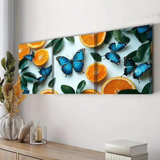3pcs Blue Butterflies & Orange Tree Perfect Wall Wall Art Set Canvas Framed 40x60cm - High Quality Print 100% Australian Made Wall Canvas Ready to Hang