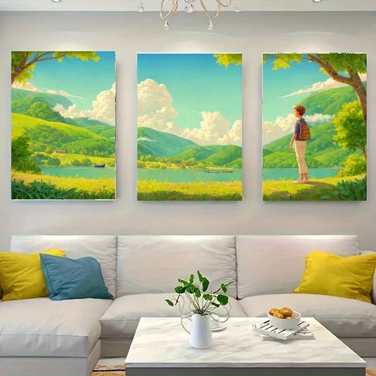 3pcs A Painting of a Sunset Over Metal Print Ready to Hang Art