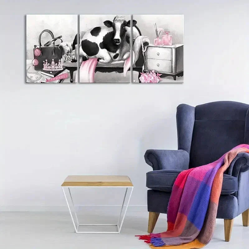3pcs Poster Elegant Cow with Pearl Crown Perfum Metal Print Ready to Hang Art