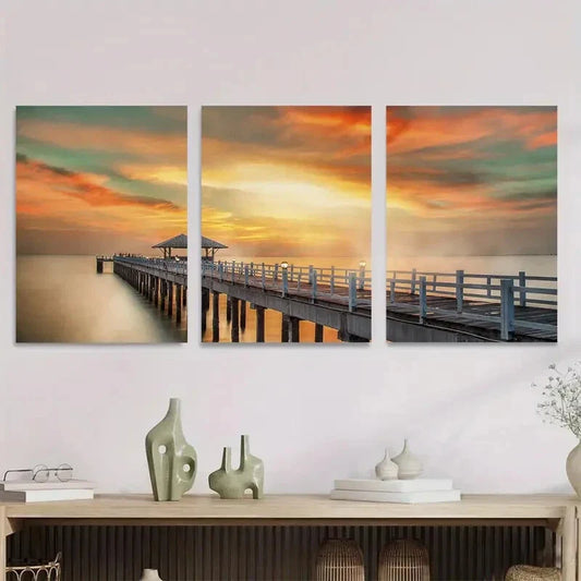3pcs Sunset Dock Triptych Vibrant Orange Yellow Metal Print Ready to Hang Art