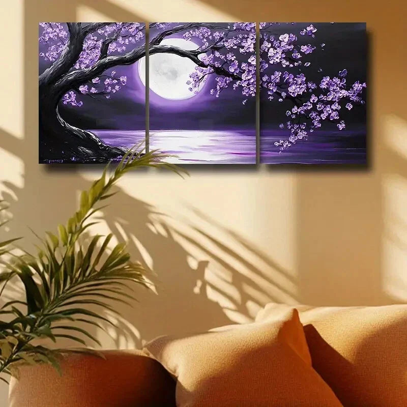 3pcs Purple Cherry Blossom Moonlit Night Metal Print Ready to Hang Art