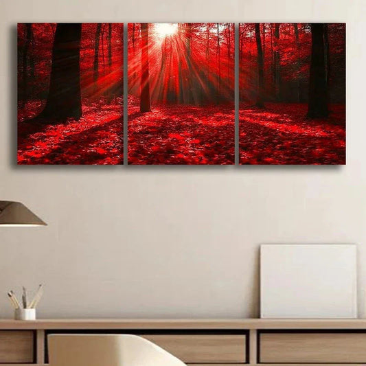 3pcs Abstract Red Modern Forest Sunrise Metal Print Ready to Hang Art