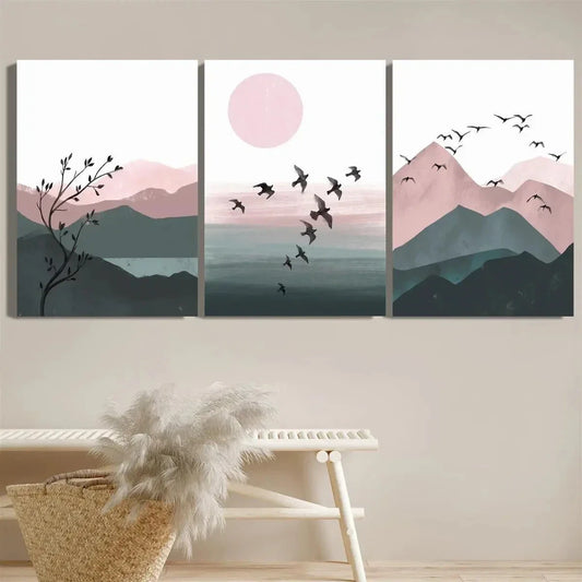 3pcs Mountain, Lake and Forest Prints with Birds Metal Print Ready to Hang Art