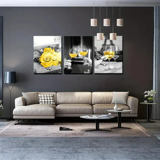 3pcs  Glass Yellow Rose Kitchen Paris Metal Print Ready to Hang Art