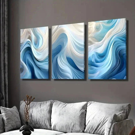 3pcs Abstract Blue and White Swirl Wave Wall Art Set Canvas Framed 40x60cm - High Quality Print 100% Australian Made Wall Canvas Ready to Hang