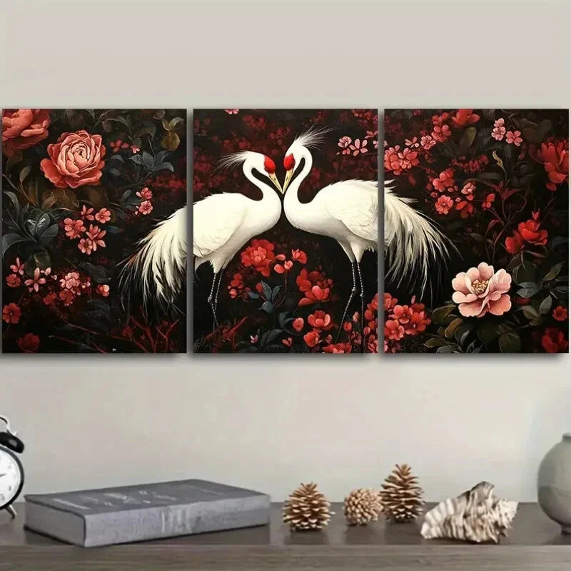 3pcs The white crane is in the peach forest Metal Print Ready to Hang Art