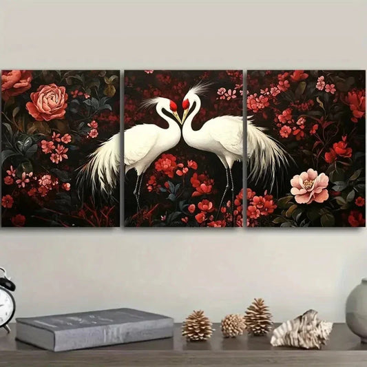 3pcs The white crane is in the peach forest Metal Print Ready to Hang Art