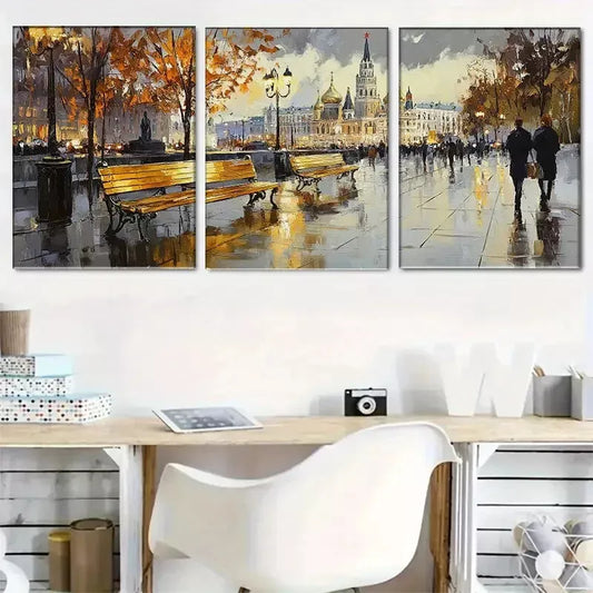 3pcss Modern Autumn Cityscape Wrapped Wall Art Set Canvas Framed 40x60cm - High Quality Print 100% Australian Made Wall Canvas Ready to Hang
