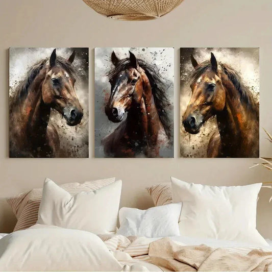 3pcs Brown Horse Paintings, Modern Classic Metal Print Ready to Hang Art