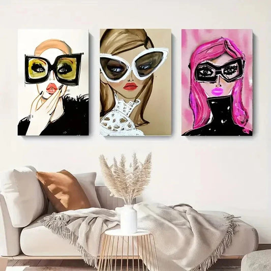 3pcs  Stylish Women with Large Fashion Glasses Wall Art Set Canvas Framed 40x60cm - High Quality Print 100% Australian Made Wall Canvas Ready to Hang
