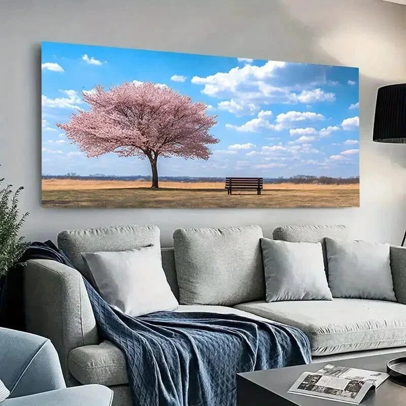 Cherry Blossom Bench Sky wall canvas office home room framed 80x45cm