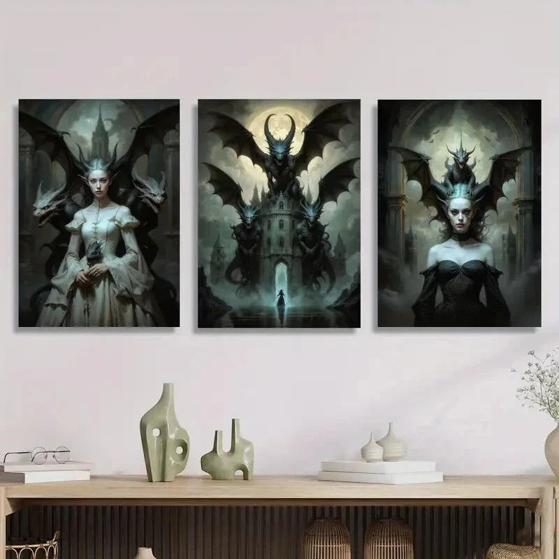 3pcs Haunted dragon castle illustration  Metal Print Ready to Hang Art