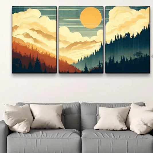 3pcs Sunrise Misty Forest Modern Classic Metal Print Ready to Hang Art