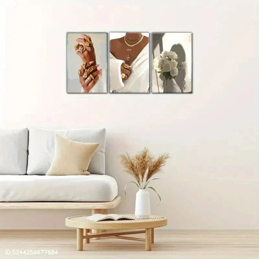 3pcs Expression White Bouquet Female Portrait Metal Print Ready to Hang Art