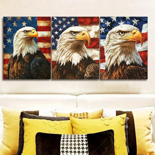 3pcs American Flag Design with Bald Eagle Metal Print Ready to Hang Art