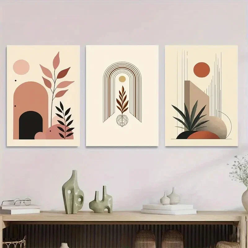 3pcs Modern Abstract Geometric & Botanical Design Metal Print Ready to Hang Art