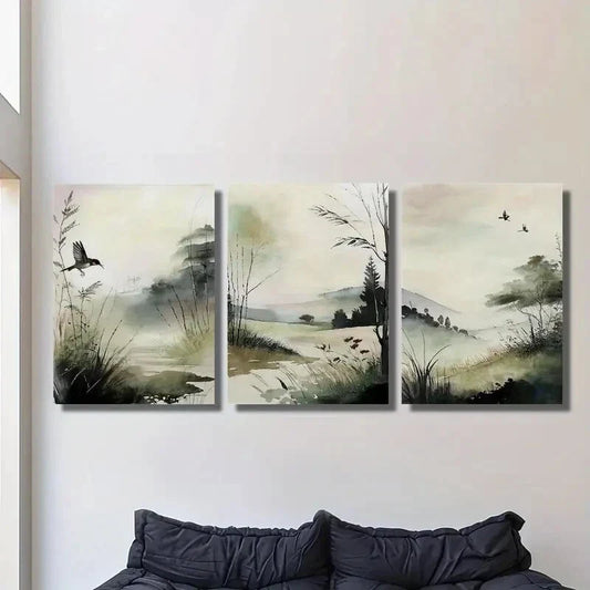 3pcs , Watercolor Birds & Pond, Ink Painting Metal Print Ready to Hang Art