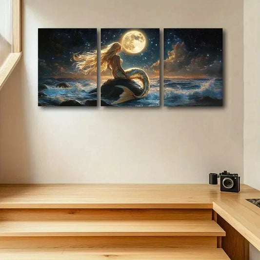 3pcs Enchanting Mermaid in the Moonlight Metal Print Ready to Hang Art