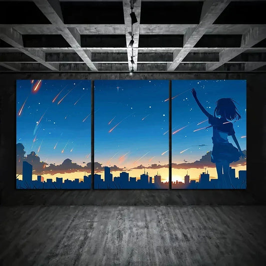 3pcs Silhouette Anime Girl Holding Up Her Hand Metal Print Ready to Hang Art