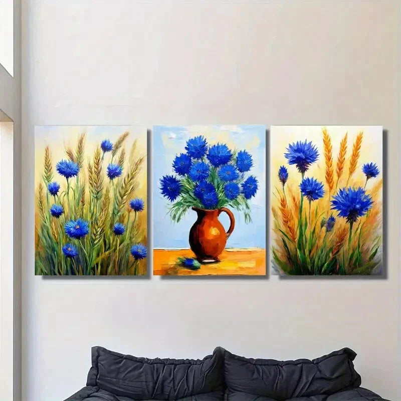 3pcs Blue Floral Bouquet in Vase Metal Print Ready to Hang Art