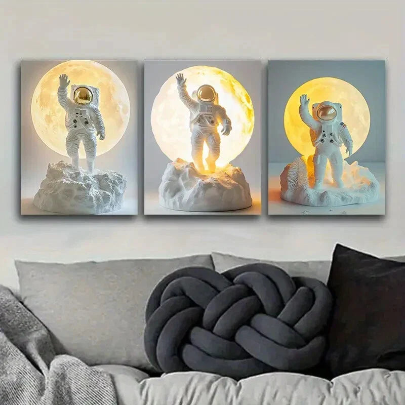 3pcs Astronauts on Moon Space Exploration Theme Metal Print Ready to Hang Art