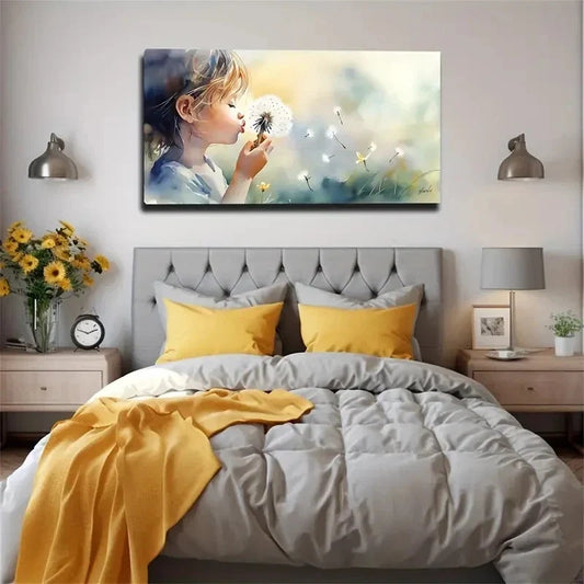 Dandelion Blowing For Children Wall Art Canvas Office Home Room Framed 80x45cm