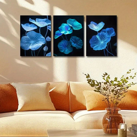 3pcs Blue Glowing Lotus leaves Metal Print Ready to Hang Art