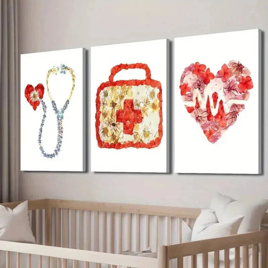 3pcs Floral Stethoscope & Heartbeat Design Wall Art Set Canvas Framed 40x60cm - High Quality Print 100% Australian Made Wall Canvas Ready to Hang