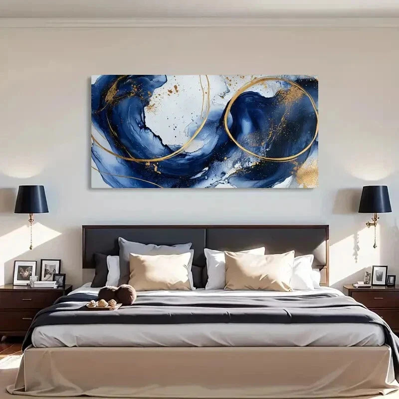 Golden Lines Deep Blue Texture Wall Art Canvas Office Home Room Framed 80x45cm