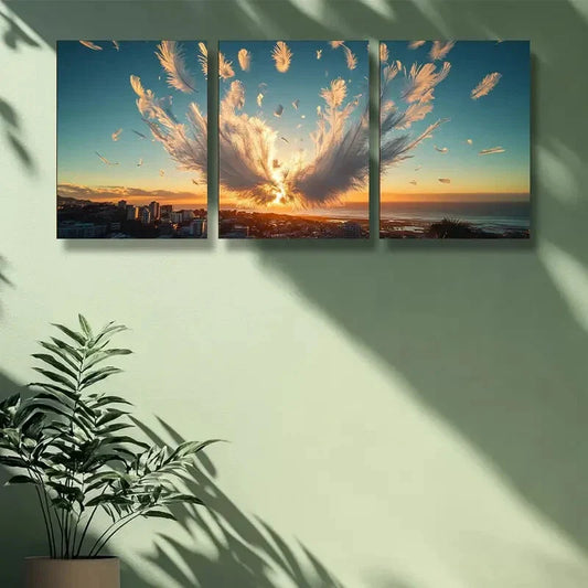 3pcs Cape Town Sunset with Angel Wings & Feathers Metal Print Ready to Hang Art
