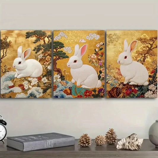 3pcs Little white rabbit embroidery Metal Print Ready to Hang Art