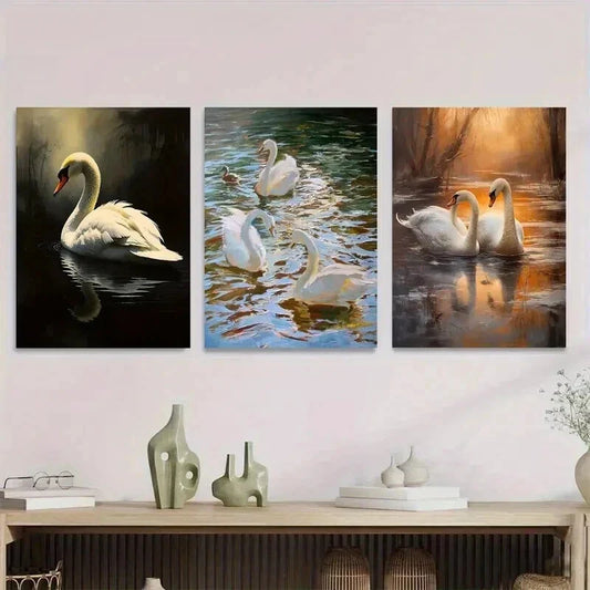 3pcs Swan Lake Painting Classic Style Wall Art Set Canvas Framed 40x60cm - High Quality Print 100% Australian Made Wall Canvas Ready to Hang