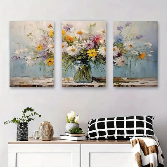 3pcs Vibrant Daisy Flower Vase Bouquet Metal Print Ready to Hang Art