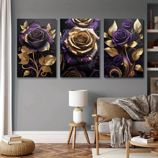 3pcs Black Golden Purple Rose Flower Metal Print Ready to Hang Art