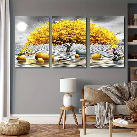 3pcs Farmhouse Chic Black& White Yellow Tree View Metal Print Ready to Hang Art