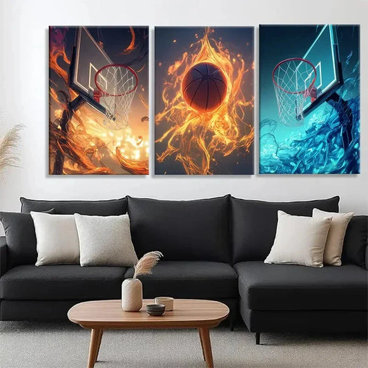 3pcs Basketball Fire and Water Themed Perfect Wall Art Set Canvas Framed 40x60cm - High Quality Print 100% Australian Made Wall Canvas Ready to Hang