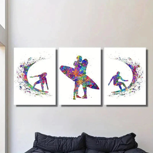 3pcs Vibrant Surfing Couple Design Metal Print Ready to Hang Art