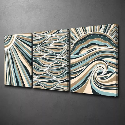 3pcs Wavy Ribbons in Blue Green and Beige Wall Art Set Canvas Framed 40x60cm - High Quality Print 100% Australian Made Wall Canvas Ready to Hang