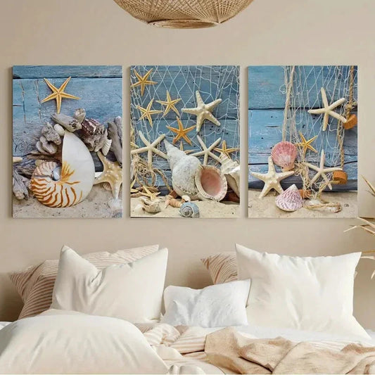 3pcs Starfish & Seashells Coastal Beach Metal Print Ready to Hang Art