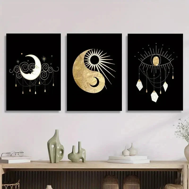 3pcs Art Deco Classic Modern Sun and Moon Metal Print Ready to Hang Art
