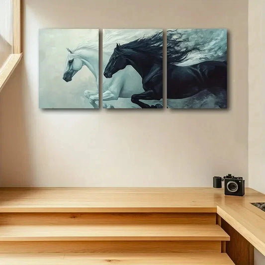 3pcs Two Black and White Horses Running Metal Print Ready to Hang Art