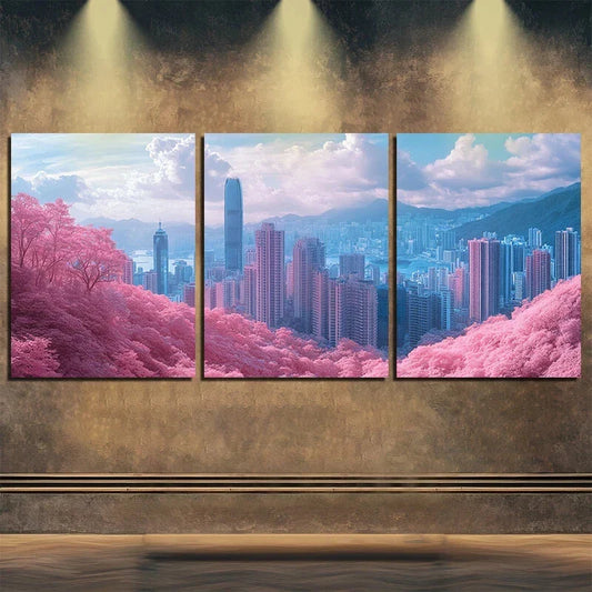 3pcs Painting Pink City White Clouds Metal Print Ready to Hang Art