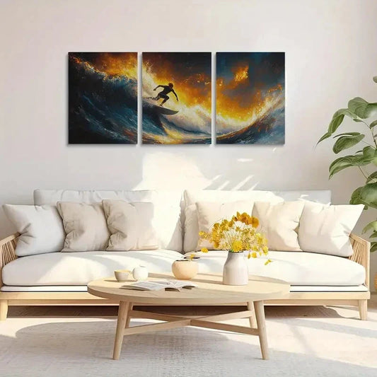 3pcs Vibrant Sunset Surf Scene Metal Print Ready to Hang Art