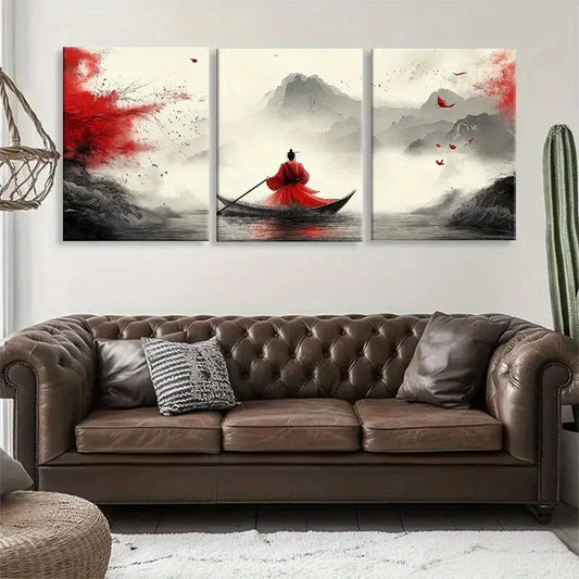 3pcs Traditional Boat Zen Red Perfect Wall Art Set Canvas Framed 40x60cm - High Quality Print 100% Australian Made Wall Canvas Ready to Hang