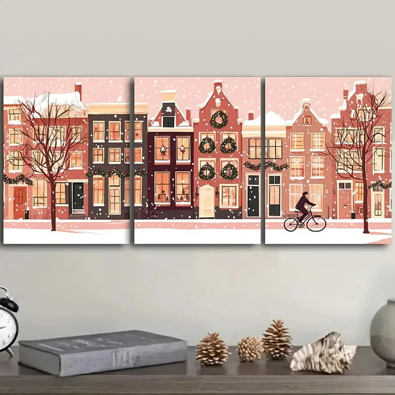 3pcs  Winter Holiday Scene with Snowy Rooftops Wall Art Set Canvas Framed 40x60cm - High Quality Print 100% Australian Made Wall Canvas Ready to Hang