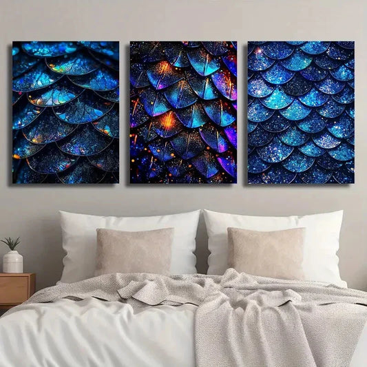 3pcs Blue Glitter Fashion Close-Up Scales Metal Print Ready to Hang Art