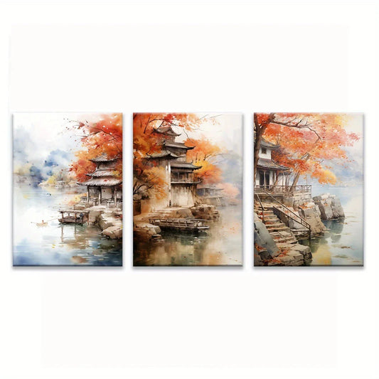 3pcs Serene Autumn Scenery Vibrant Metal Print Ready to Hang Art